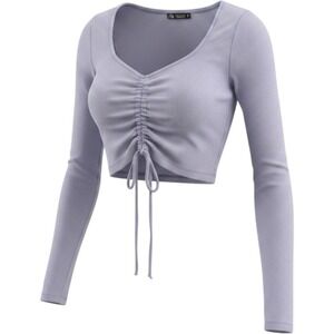 Zara Womens Blue Ribbed Ruched Front Long Sleeve Crop Top Size M